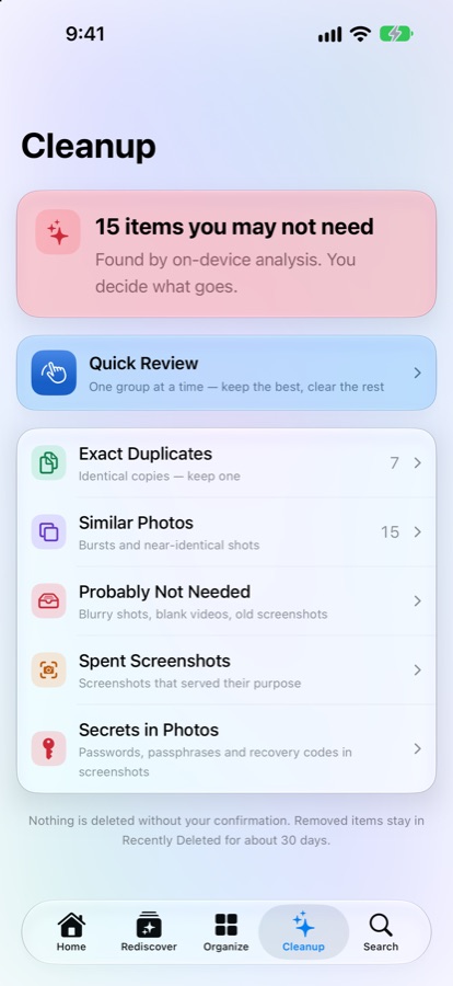 Photessa Cleanup screen showing review options for duplicates, similar photos, and screenshots